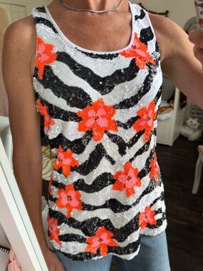 Boston Proper Sequin Tank Top Zebra Floral Neon XS Vacation Statement Party Top
